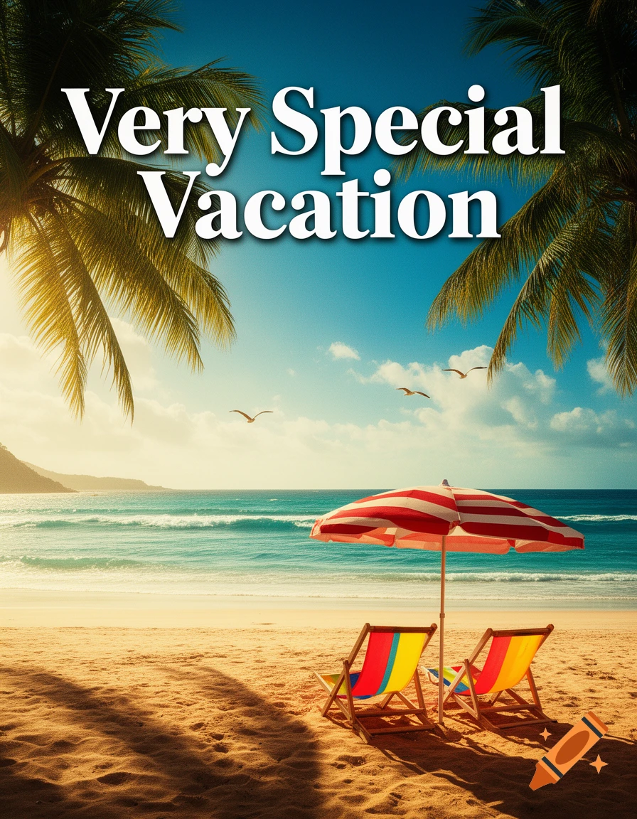 Sunny beach with palm trees, ocean waves, two lounge chairs, a striped umbrella, and "Very Special Vacation" text.