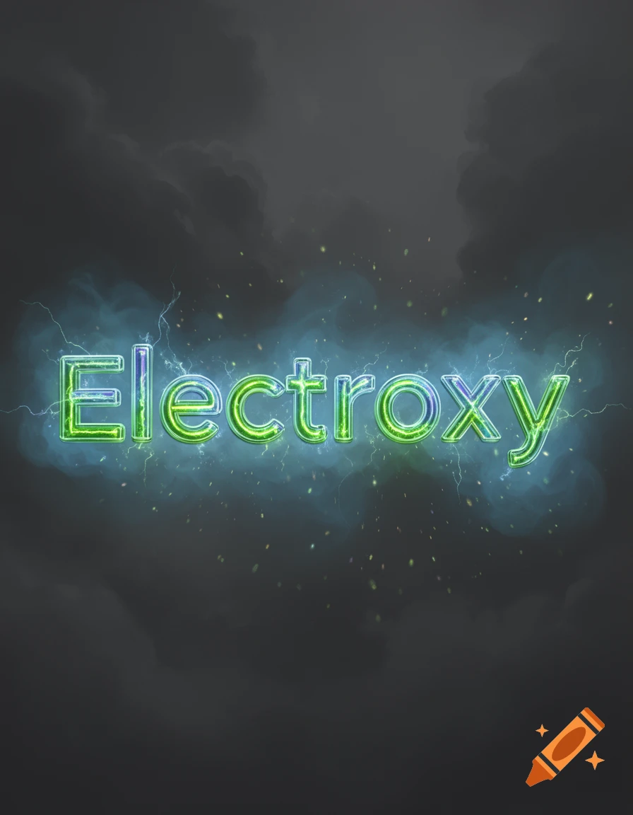Glowing green electric text 'Electroxy' with blue smoke and lightning on a dark, cloudy background.