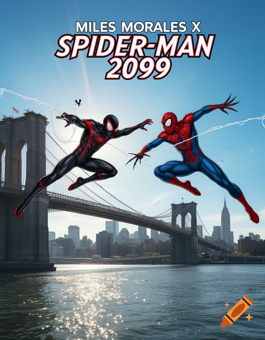 Comic book cover featuring Miles Morales and Spider-Man 2099 flying above the Brooklyn Bridge with a city skyline under a clear sky.