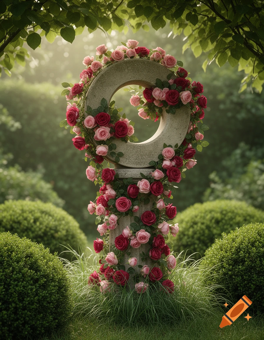 A stone monument shaped like a large ring is heavily adorned with pink and red roses in a lush garden setting.