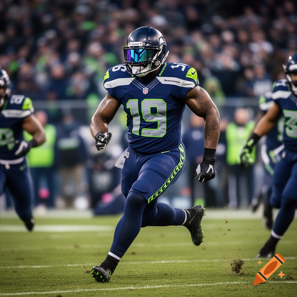 A muscular American football player in a blue Seahawks uniform with number 19 and a visor runs on a green field.