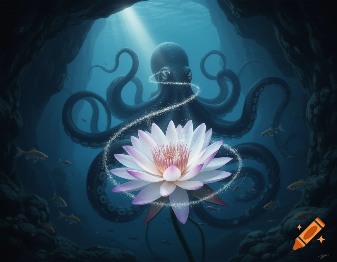A large octopus lurks in a dark underwater cave, guarding a vibrant white and pink water lily with shimmering pollen swirling around it, as light streams from above. Small fish swim nearby.