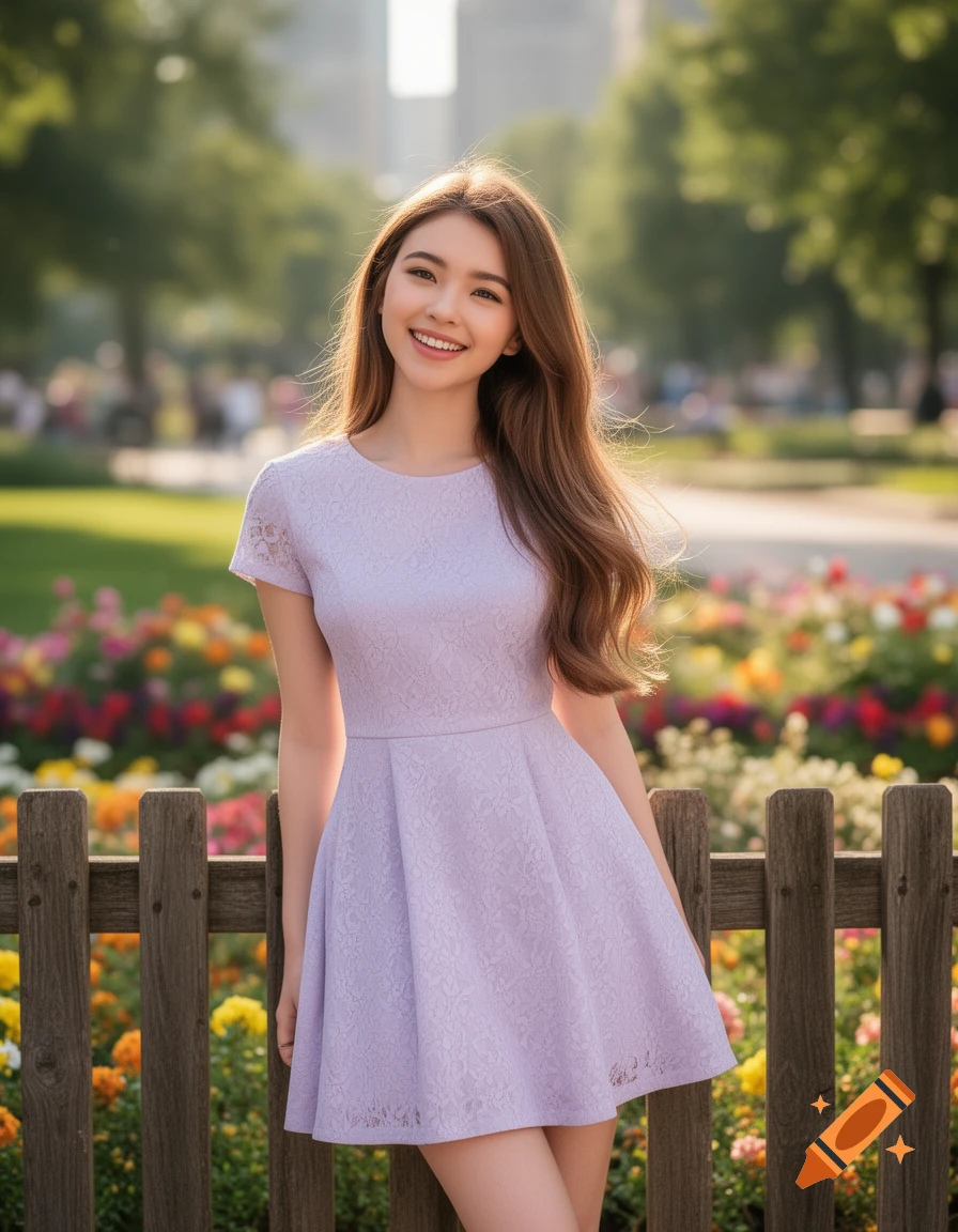 A smiling young woman with long brown hair stands in a light purple lace dress in a sunny park with a wooden fence and flowers.