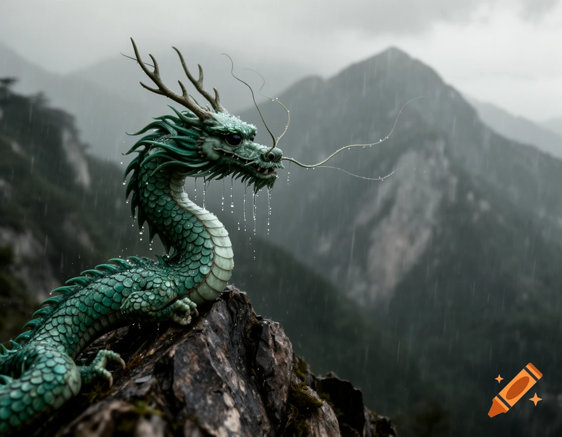 A detailed green Chinese dragon, with antlers and whiskers, perched on a rocky cliffside in the rain, with misty mountains in the background.