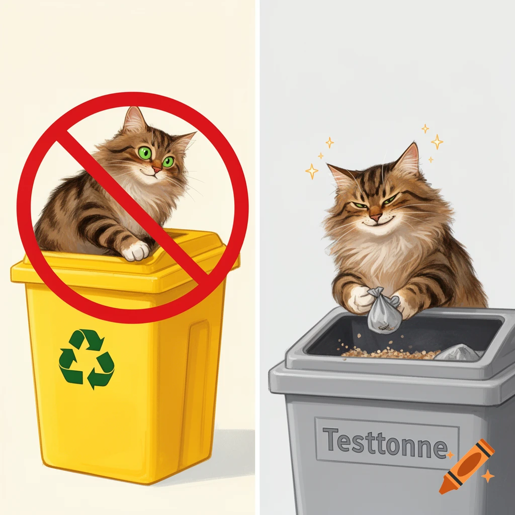 Cartoon split image of a cat: left, rejected from a recycling bin; right, happily putting litter into a 'Testtonne' bin.
