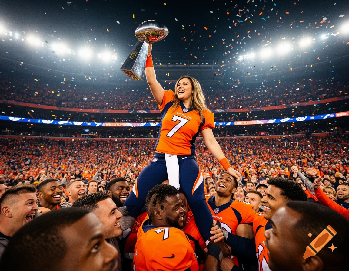 Woman in Denver Broncos uniform lifted by teammates, holding Super Bowl trophy in a confetti-filled stadium.
