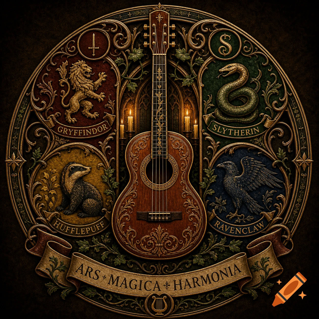 Ornate emblem featuring a central guitar, surrounded by Gryffindor, Slytherin, Hufflepuff, and Ravenclaw crests, with 'ARS MAGICA HARMONIA' banner.