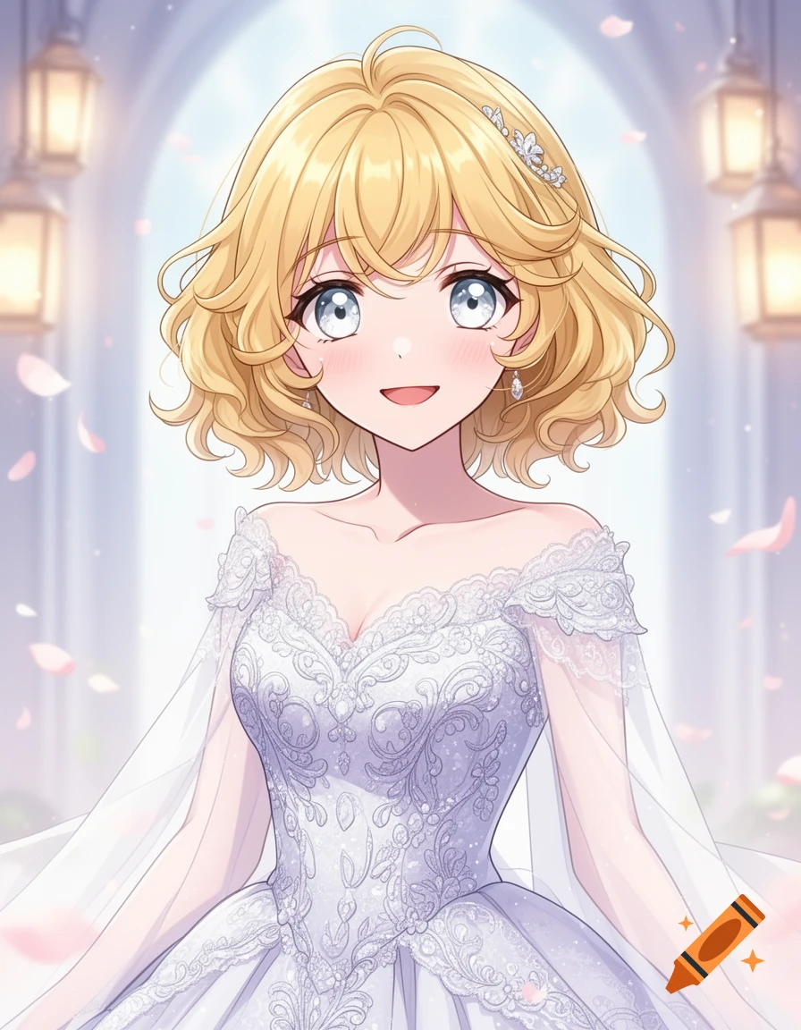 A happy anime woman with blonde curly hair and light blue eyes, blushing in a white lace wedding dress with a tiara, surrounded by falling pink petals and glowing lanterns.