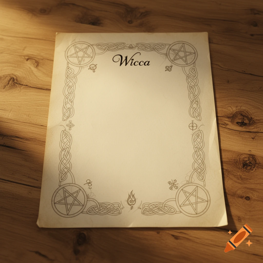 A vintage-style paper with 'Wicca' in elegant script, bordered by Celtic knots and pentagrams, on a wooden surface.