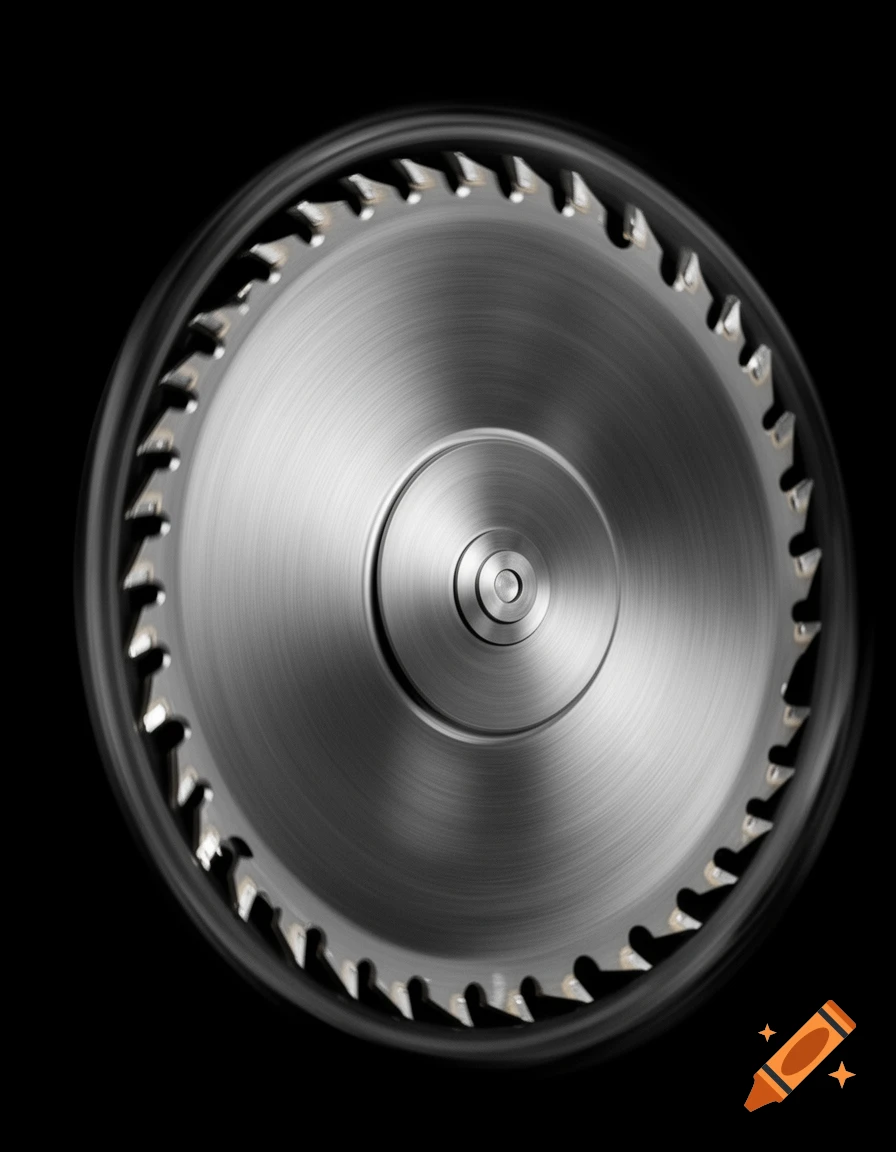 Photorealistic image of a rapidly spinning circular metal saw blade, centered on a black background.