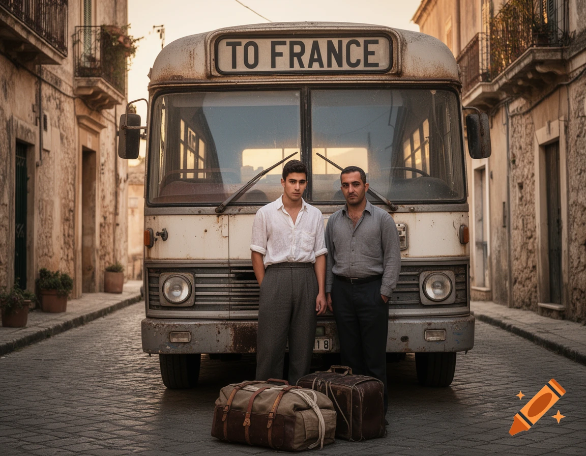 Two men stand with luggage in front of an old bus labeled 'TO FRANCE' on a cobblestone street in a historic town.