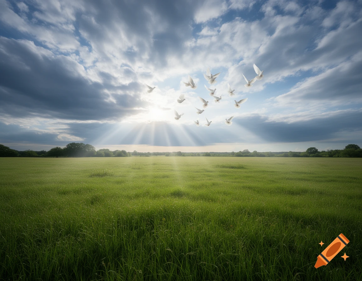 Sunbeams break through dark clouds over a vibrant green meadow as white doves fly into the light in a photorealistic style.