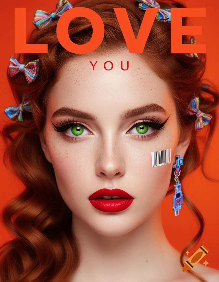 High fashion magazine cover portrait of a woman with auburn hair, green eyes, red lipstick, and a barcode. Text 'LOVE YOU'.