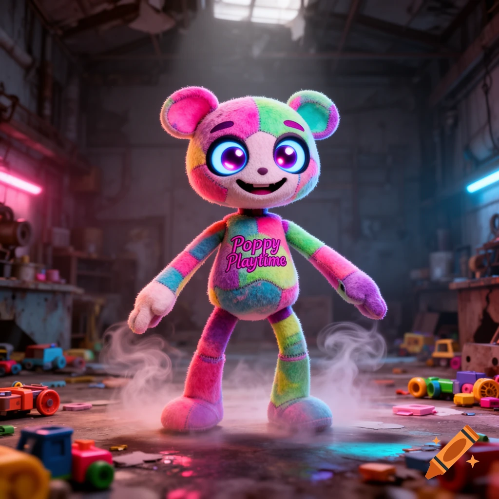 A colorful, patchwork plush toy character with large glowing eyes stands in a dimly lit, smoky workshop filled with toys.