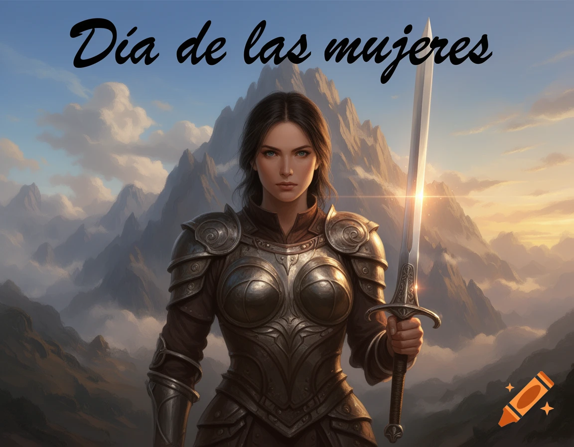A female warrior in ornate armor holding a sword stands before majestic mountains. Text reads 'Día de las mujeres'.