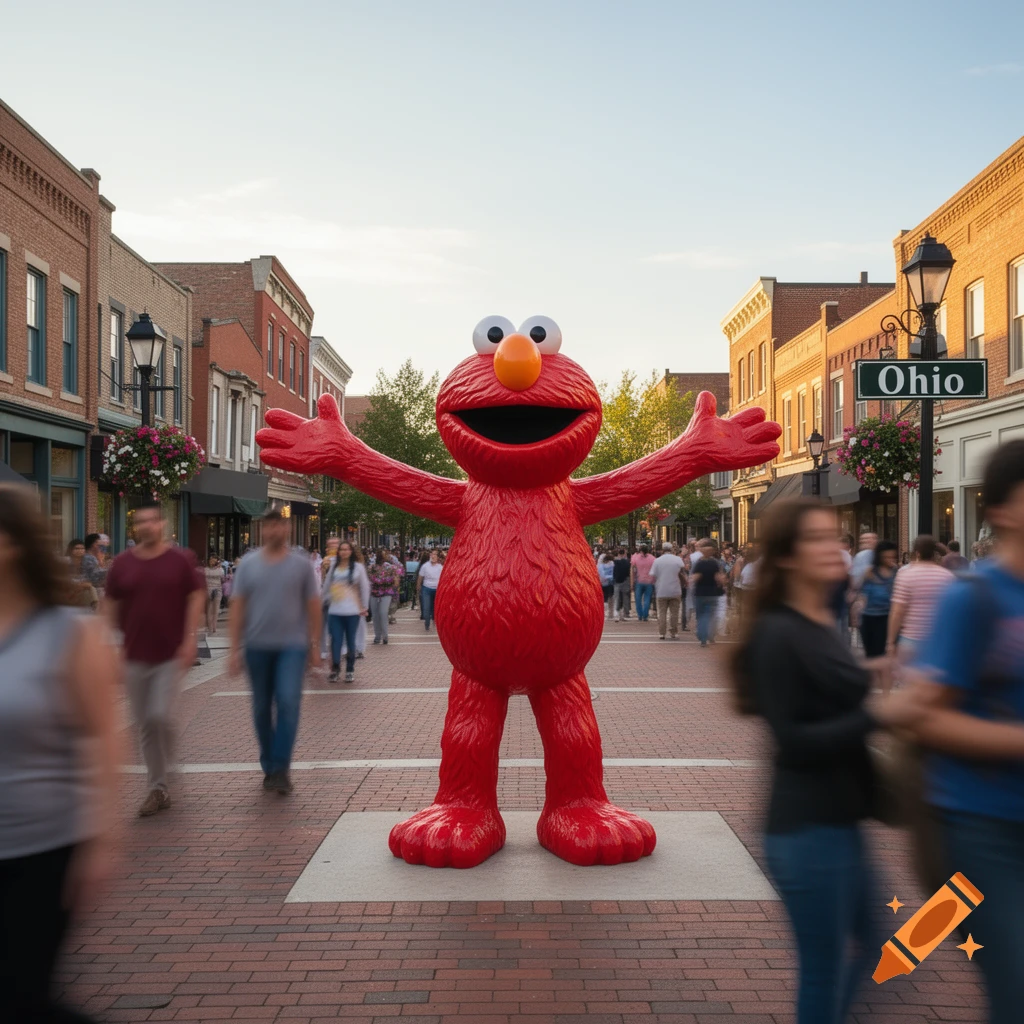 A large red Elmo statue stands in the middle of a brick-paved city street with blurred people walking by, under a sign reading 'Ohio'.