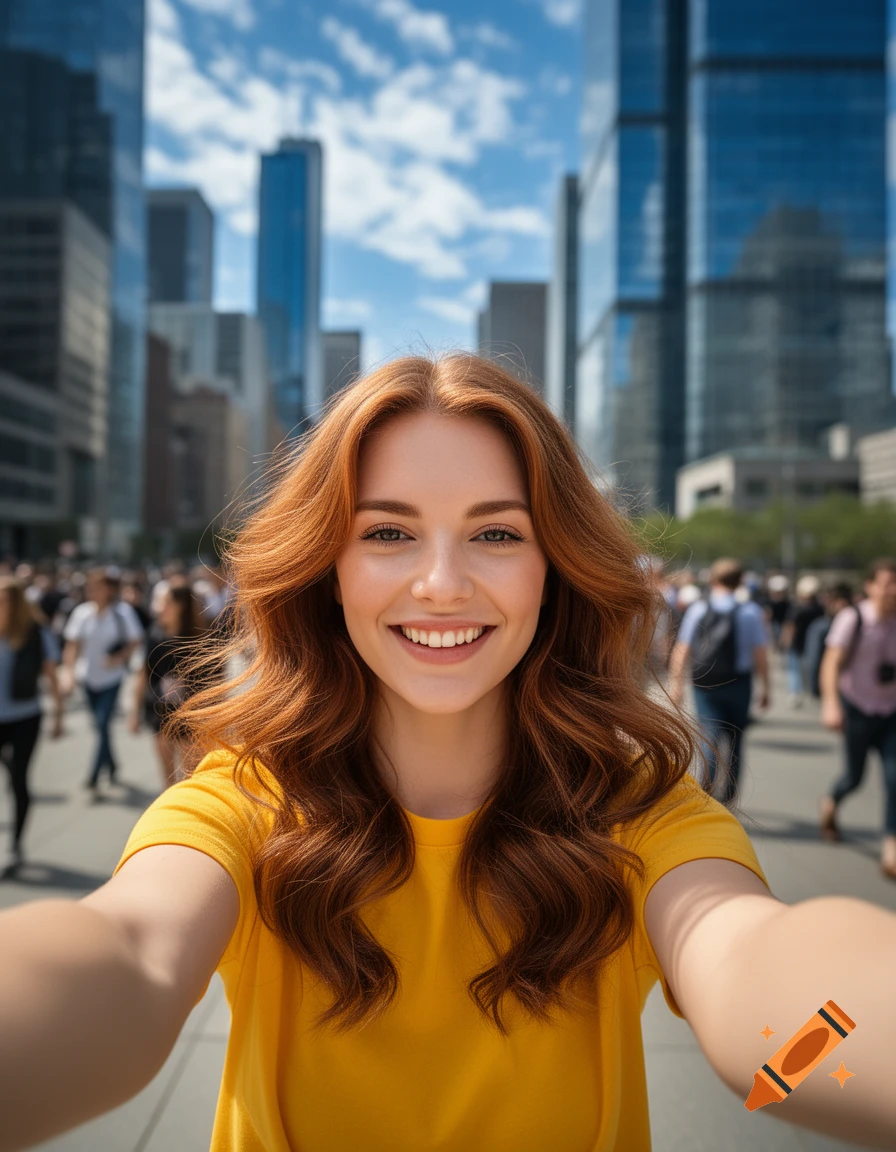 A smiling young woman with red hair in a yellow shirt takes a photorealistic selfie on a busy city street with tall buildings.