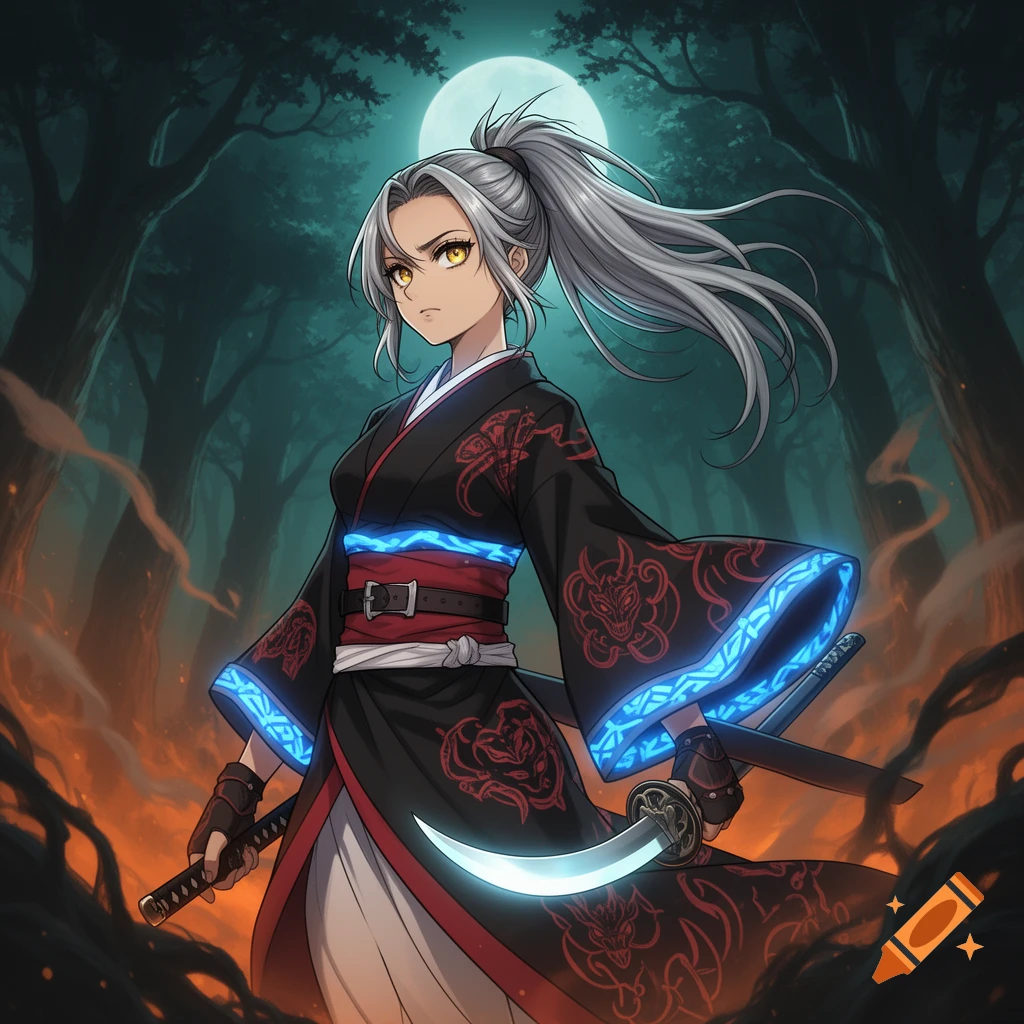Anime warrior woman with silver hair and glowing katanas in a dark, fiery forest under a full moon.
