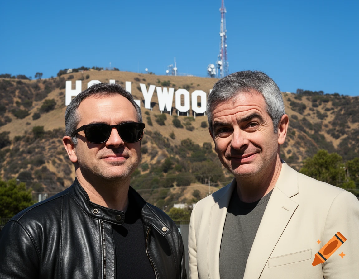 Two men, one in sunglasses and a leather jacket, the other in a beige suit, stand smiling in front of the Hollywood sign on a sunny day.