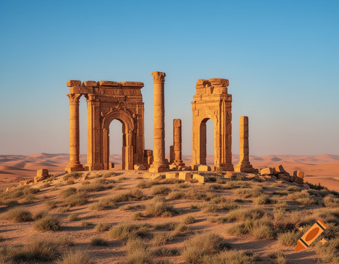 Ancient stone ruins with arches and columns stand on a sandy hill in a vast desert landscape at sunset.