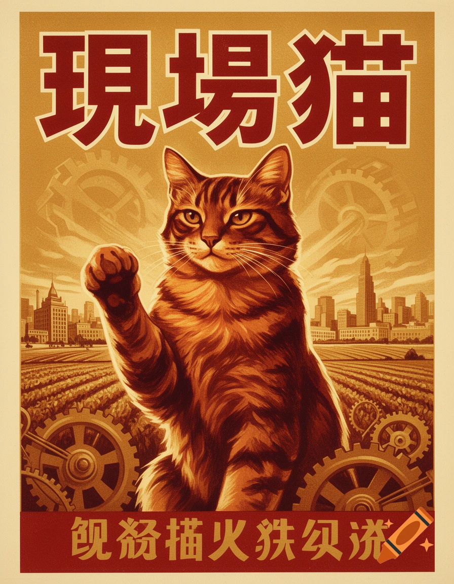 A stylized Soviet propaganda poster of a serious tabby cat with a raised paw, standing in a field with gears, with a cityscape in the background. Chinese characters are at the top and bottom.