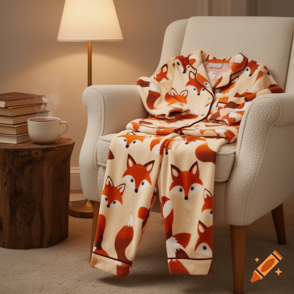 A pair of cream-colored pajamas with an orange fox pattern draped over a white armchair in a cozy room.