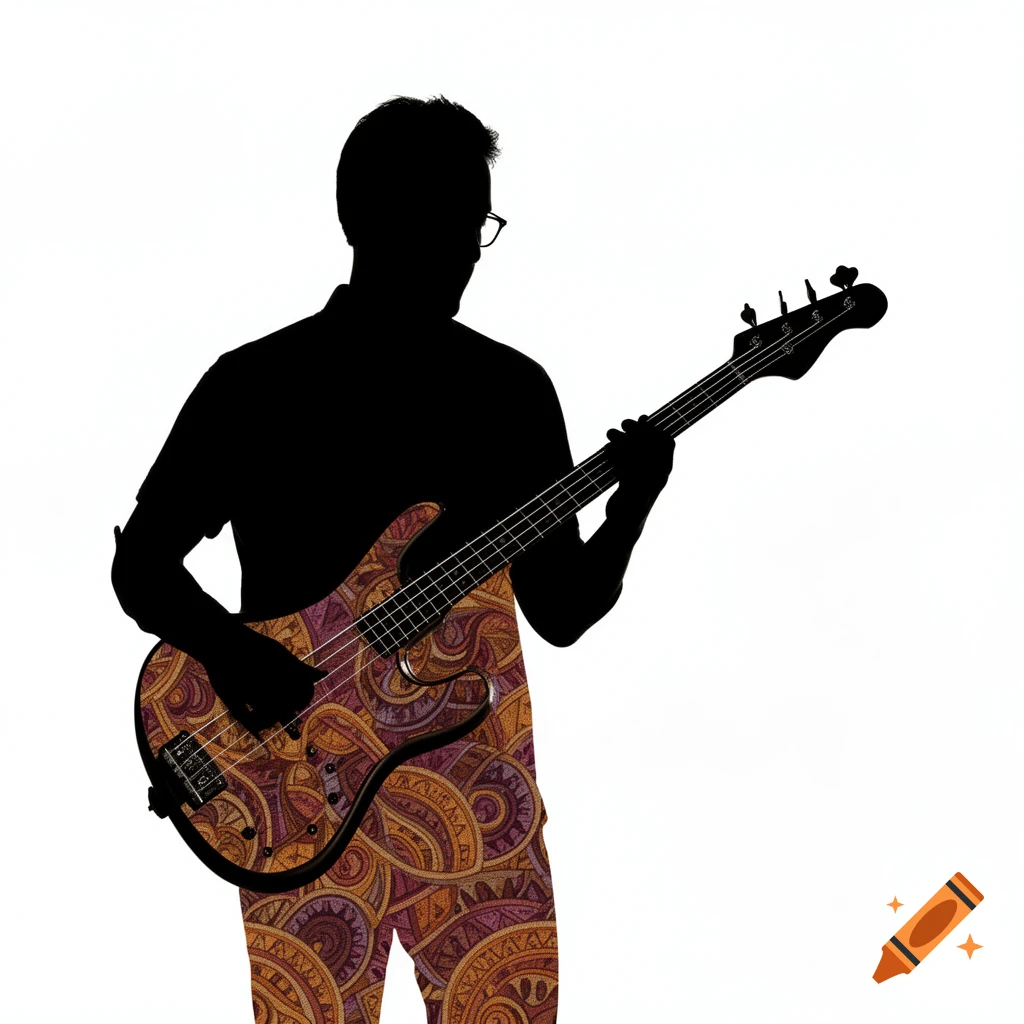 Black silhouette of a person wearing glasses playing a bass guitar, filled with earth-toned abstract patterns.