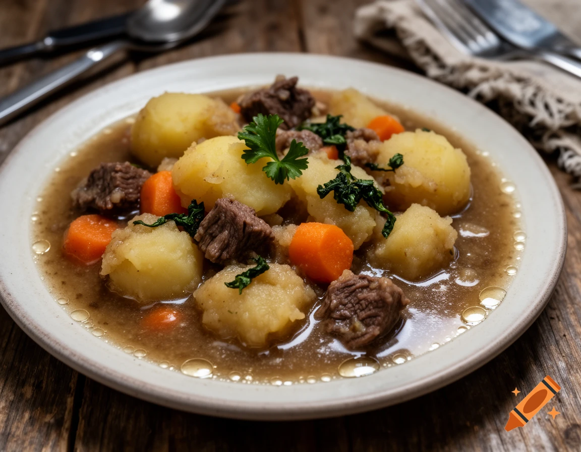 Irish stew with potatoes, beef, carrots, and parsley in a bowl on a wooden table.