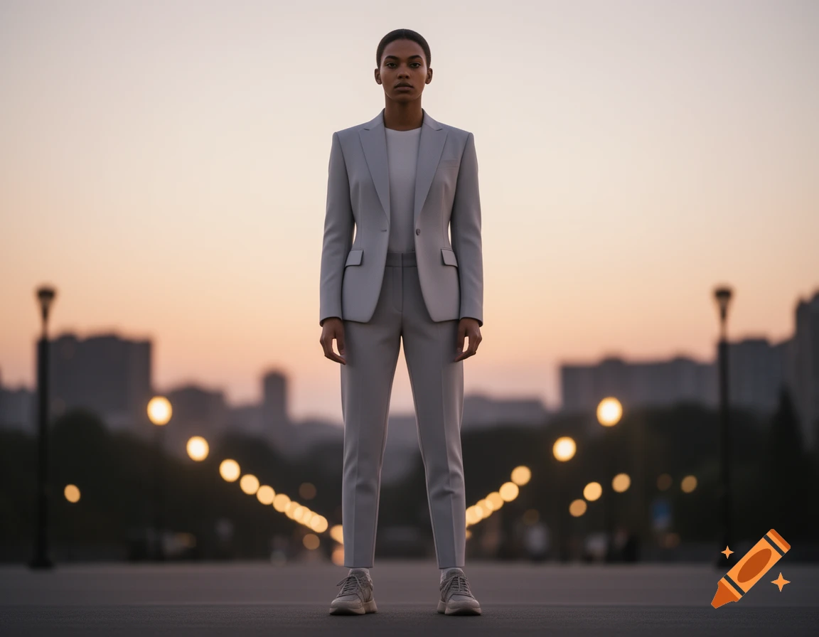 A woman in a light grey suit and sneakers stands on a street with blurred city lights at sunrise, photorealistic.