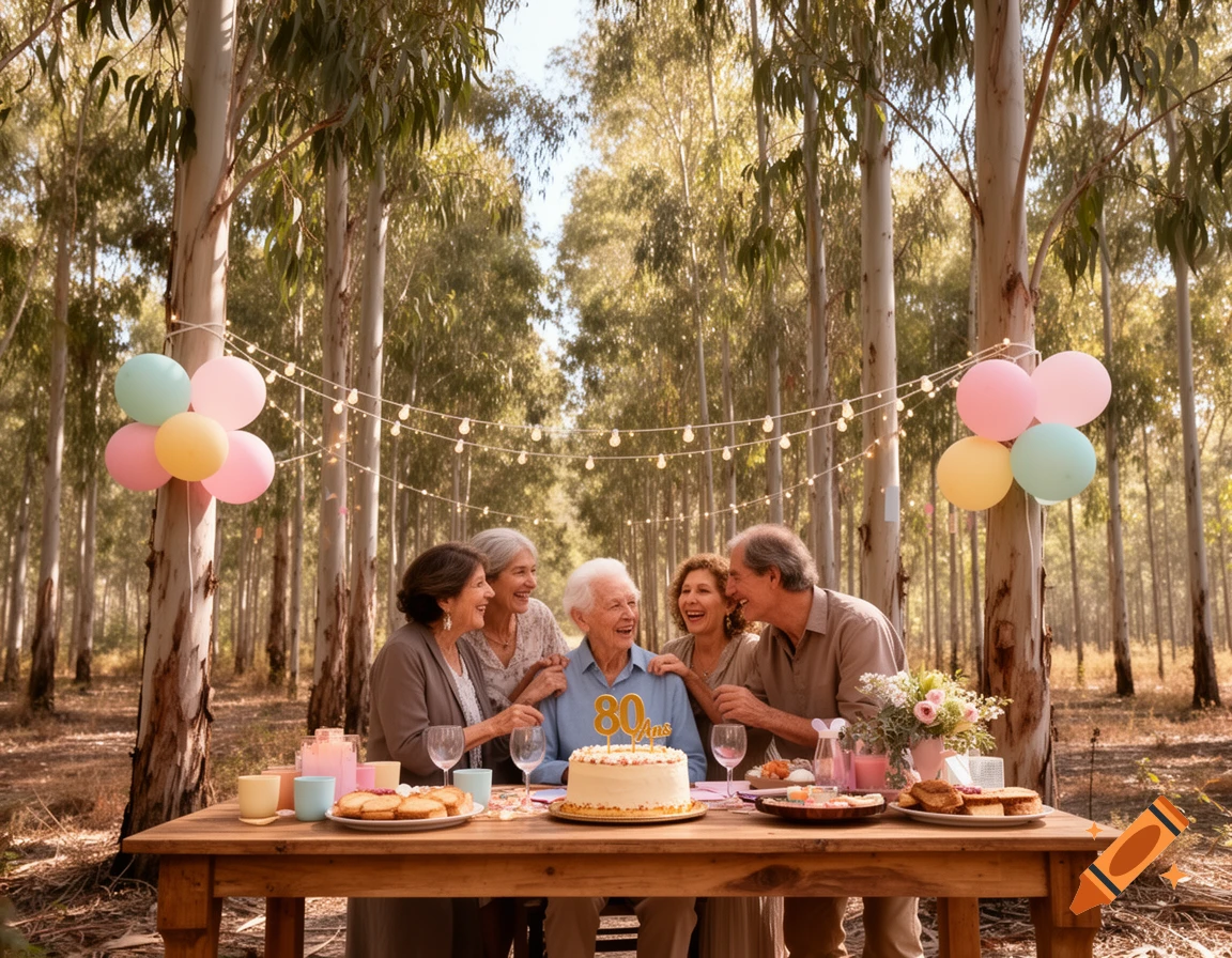 Elderly family celebrates a birthday outdoors among eucalyptus trees, with a cake, balloons, and string lights.
