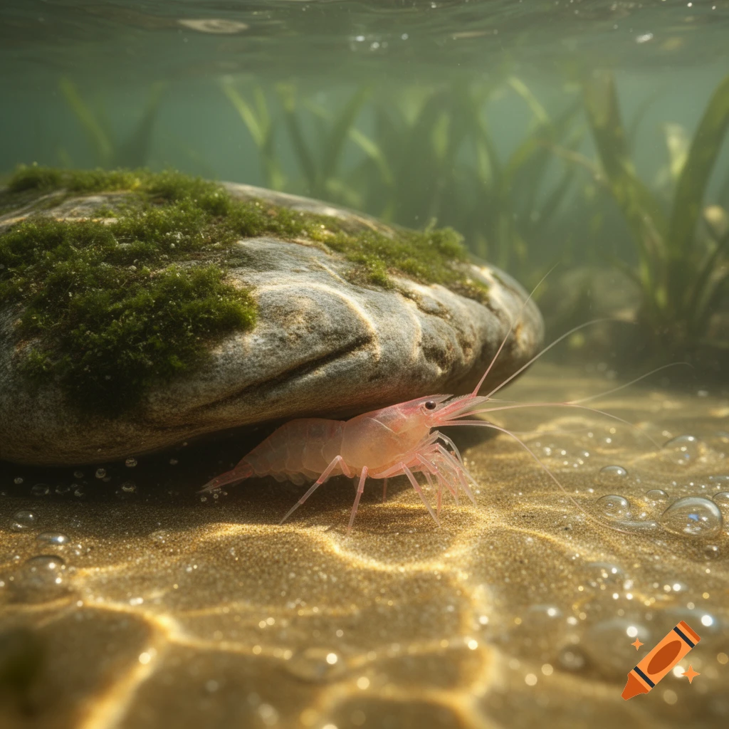 A small, translucent pink shrimp hides beneath a mossy rock on a sandy underwater bed, with sunlight dappling the bottom.
