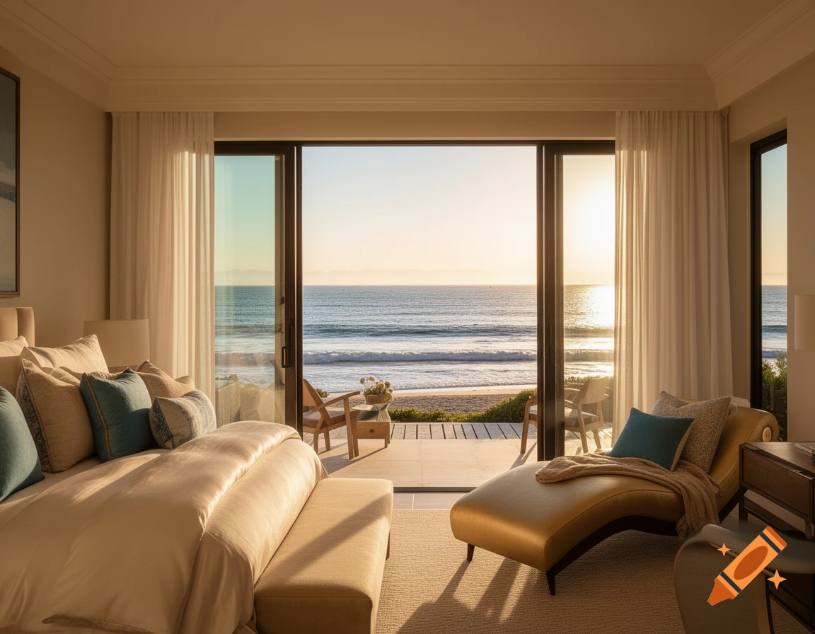 Luxurious bedroom with a bed and chaise lounge, large glass doors opening to an ocean view at sunset.