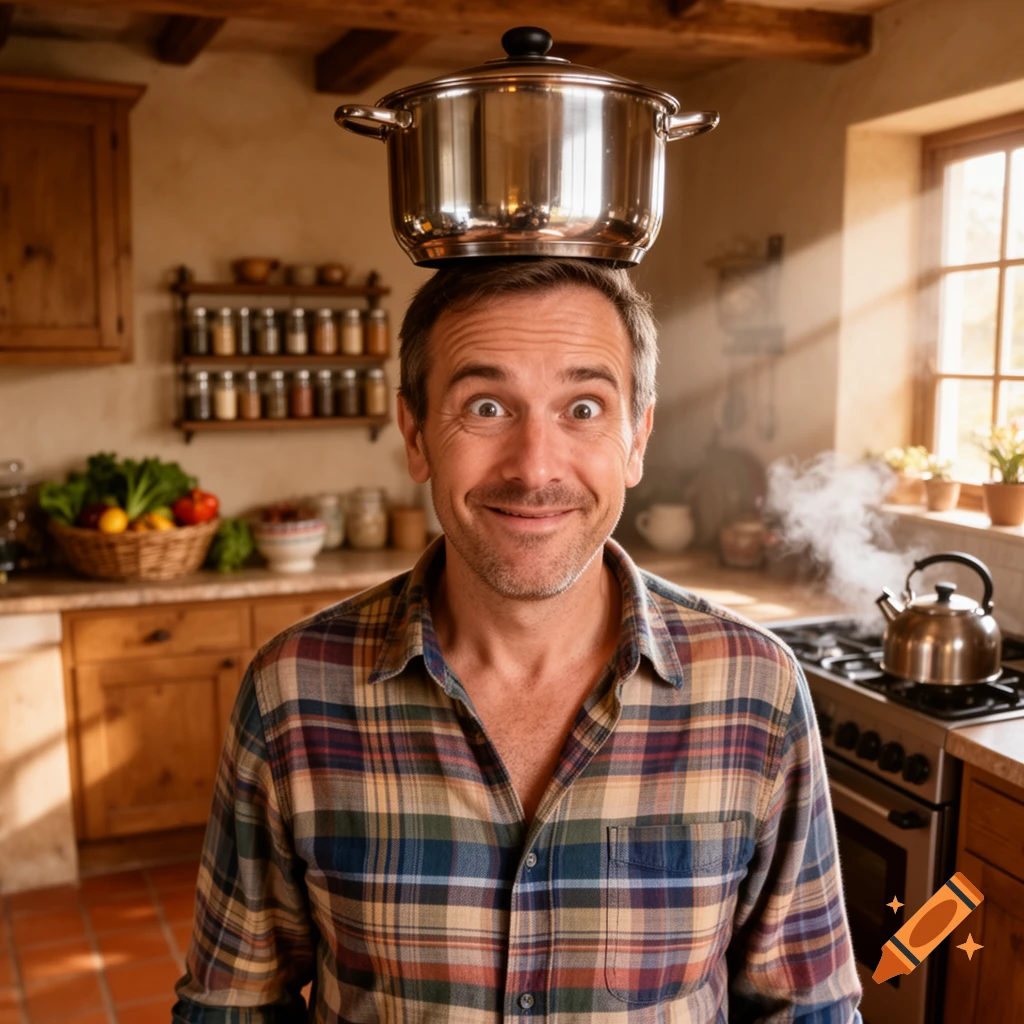 A man with a wide-eyed, playful expression balances a shiny cooking pot on his head in a rustic kitchen.