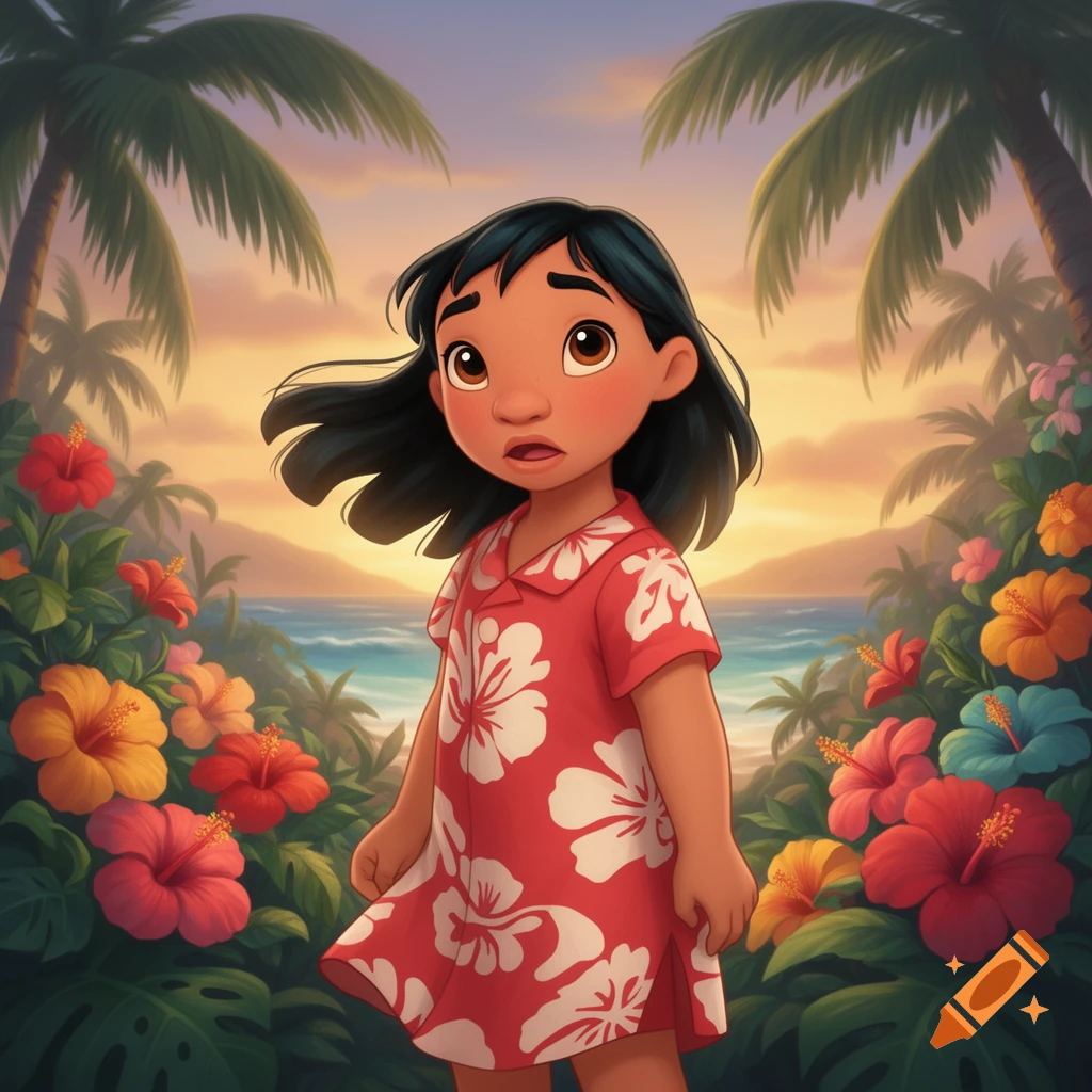 Animated Lilo Pelekai in a red Hawaiian dress, standing in a vibrant tropical beach scene with hibiscus flowers and palm trees.