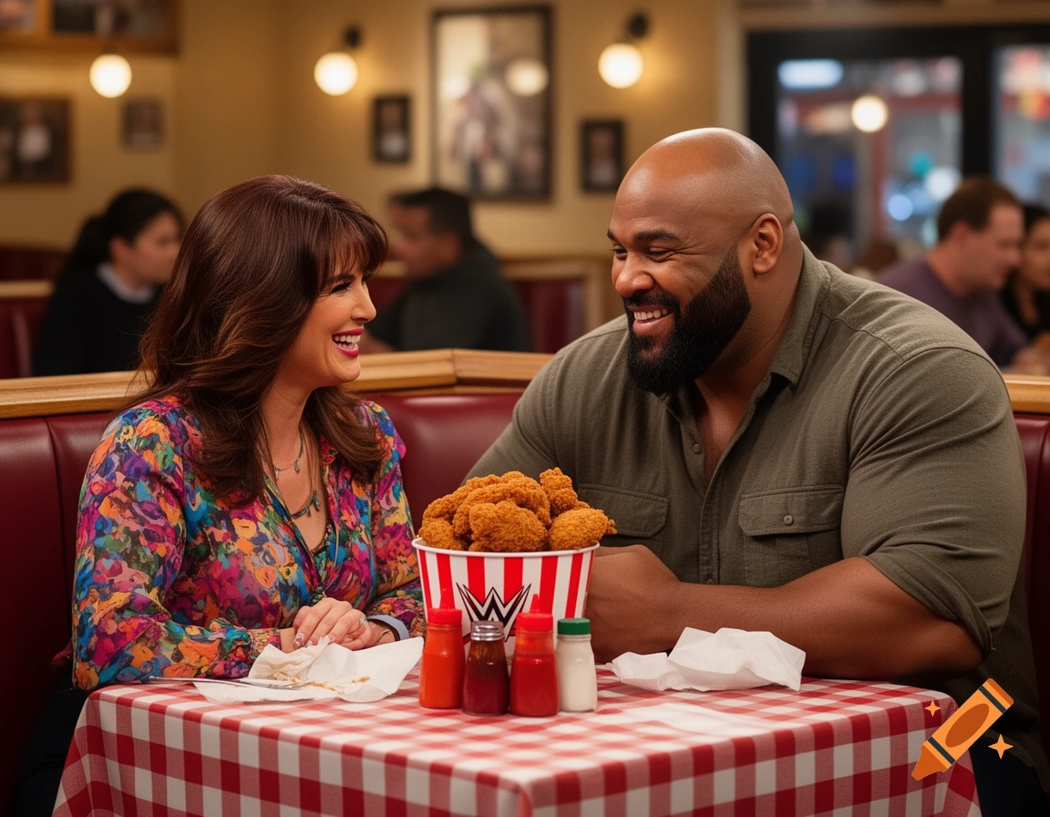 A man and a woman smiling at each other in a restaurant, sharing a bucket of fried chicken on a red-and-white checkered table.