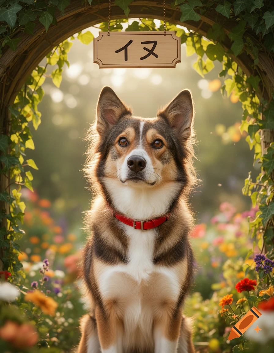 A fluffy brown, white, and black dog with a red collar sits under a vine-covered archway in a sunny flower garden. A sign above reads "イヌ".