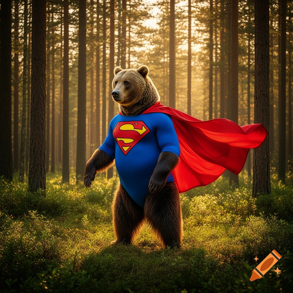 A photorealistic bear wearing a blue Superman suit with a red cape stands in a sunlit forest.