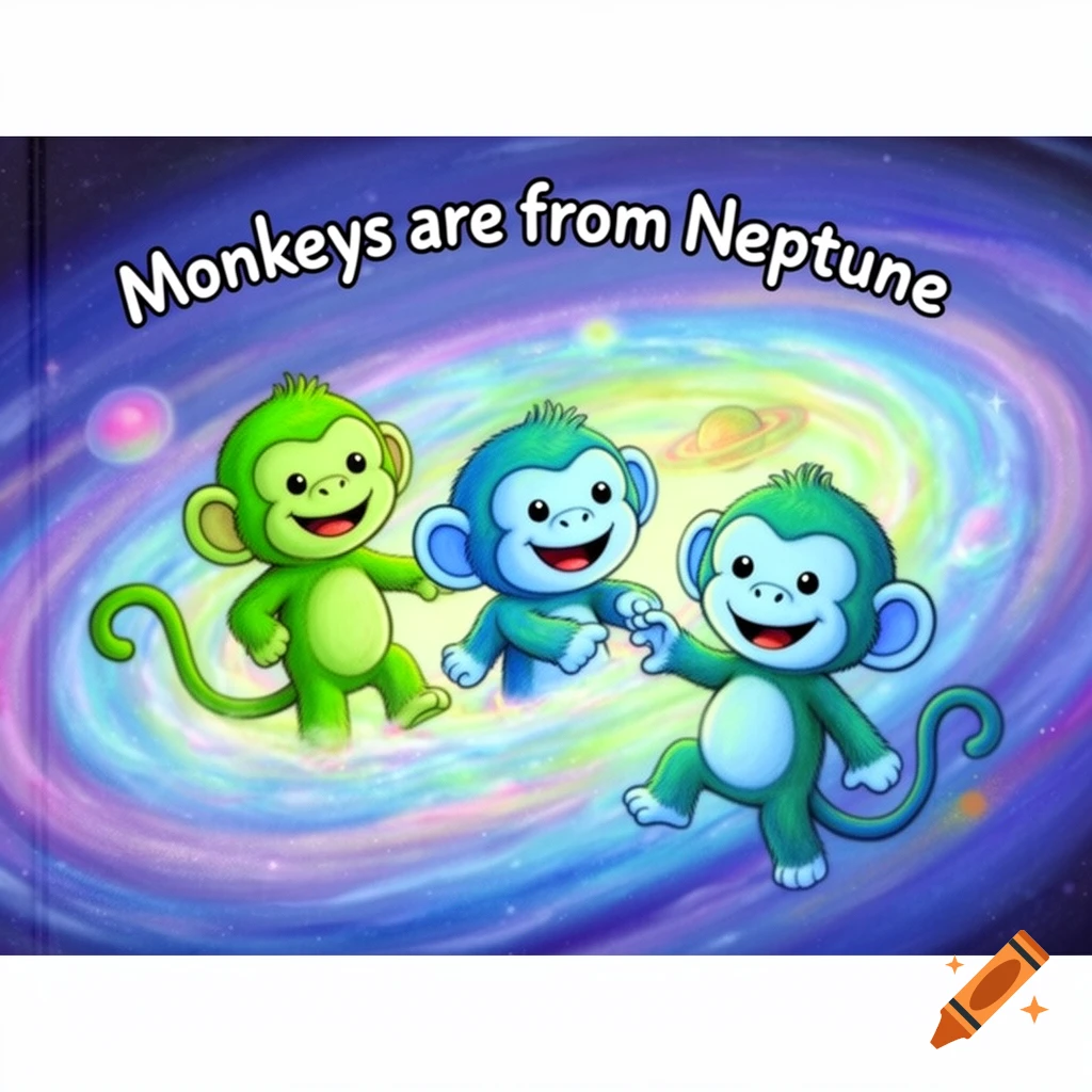 Three cute green and blue cartoon monkeys float in a vibrant galaxy with planets. Text reads 'Monkeys are from Neptune'.