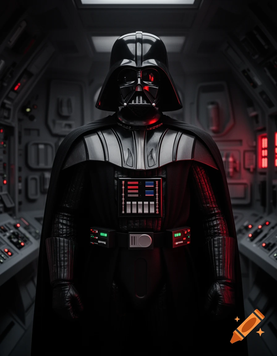 Photorealistic image of Darth Vader standing in a dark, futuristic control room with glowing red and green lights.