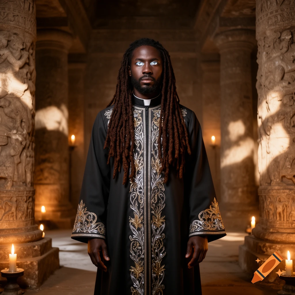 A black male cleric with long dark brown dreadlocks and glowing blue eyes stands in an ancient, candlelit temple.