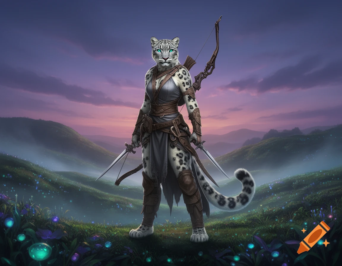 A snow leopard demi-human warrior with twin daggers and a bow stands in a mystical, hilly landscape under a twilight sky.