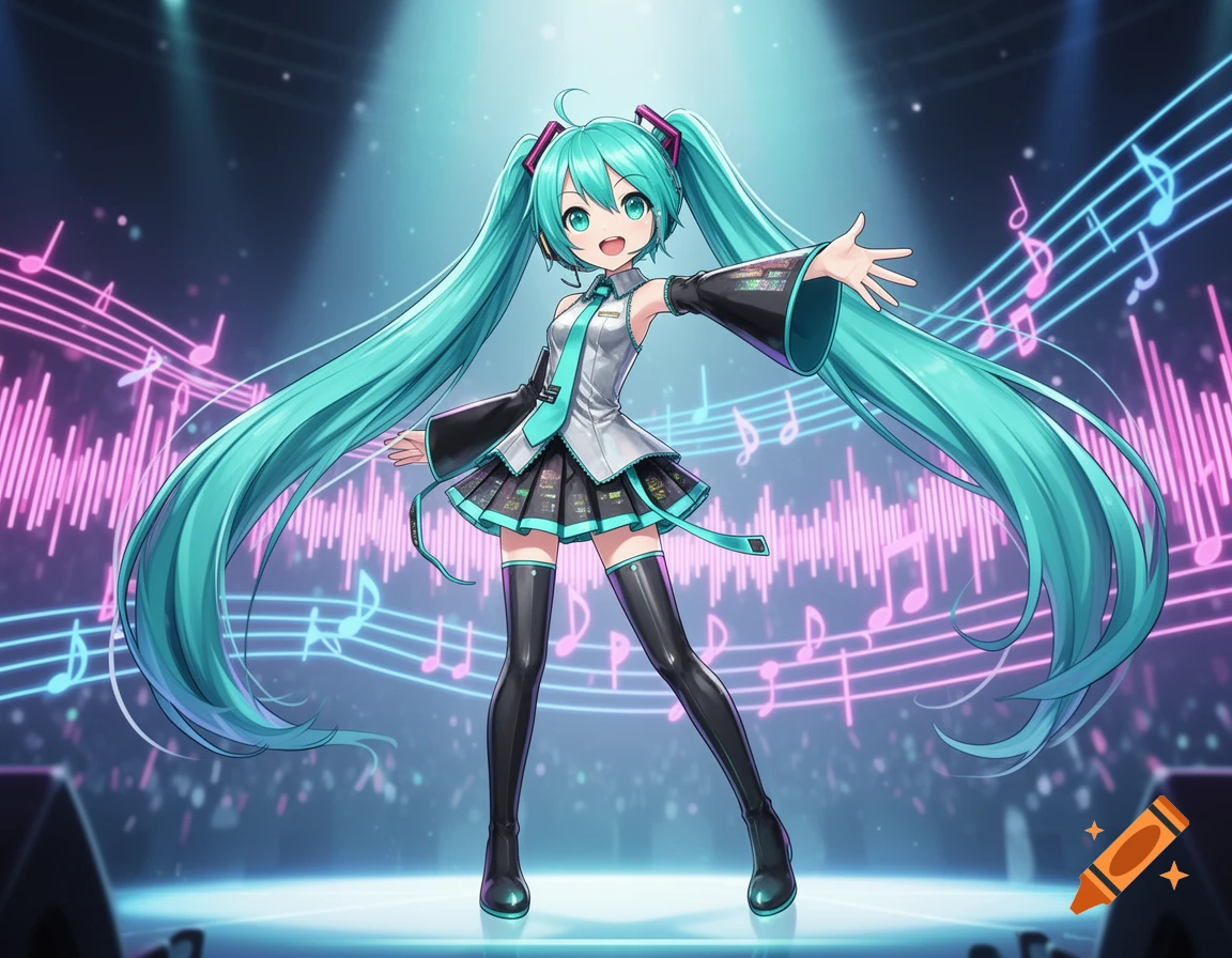 Hatsune Miku performing on a vibrant stage with glowing musical notes and sound wave patterns in an anime style.