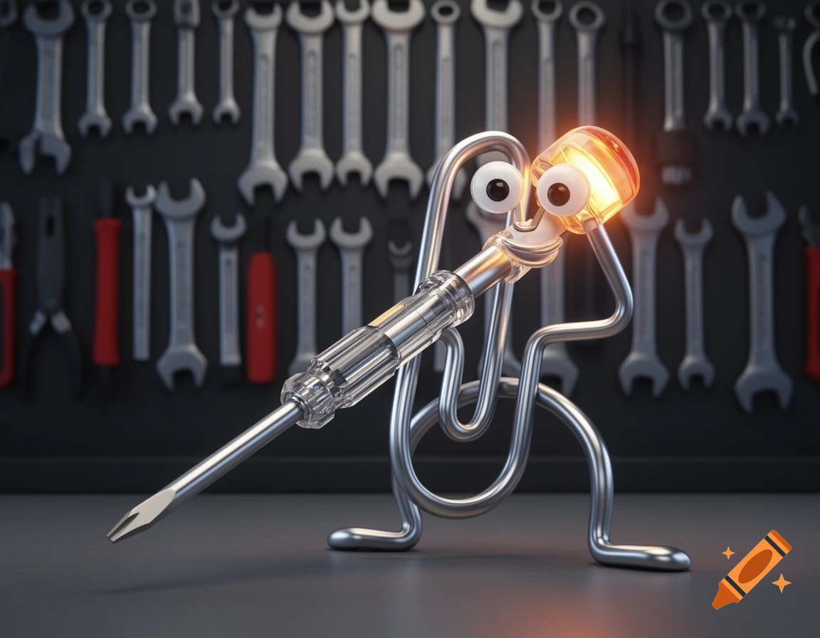 A 3D illustration of a smiling, googly-eyed Clippy-like paperclip figure holding a glowing voltage tester screwdriver, against a blurred tool wall.
