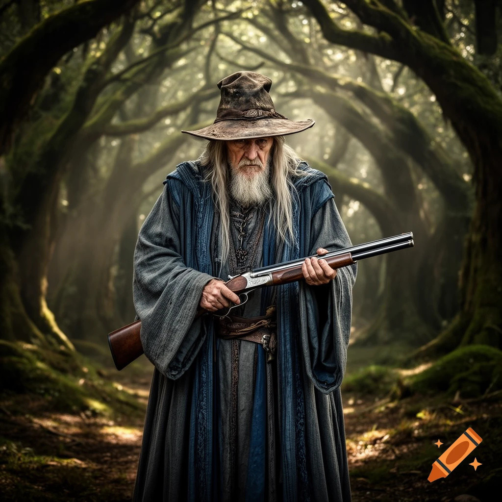 A stern old wizard with a long white beard and a pointed hat holds a double-barrel shotgun in a mossy, misty forest.