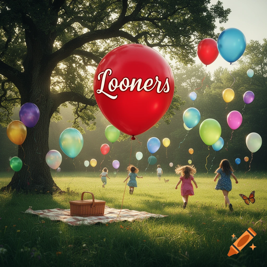 Children playing with colorful balloons in a sunny park with a picnic blanket and basket, a large red balloon with 'Looners' text floats prominently.
