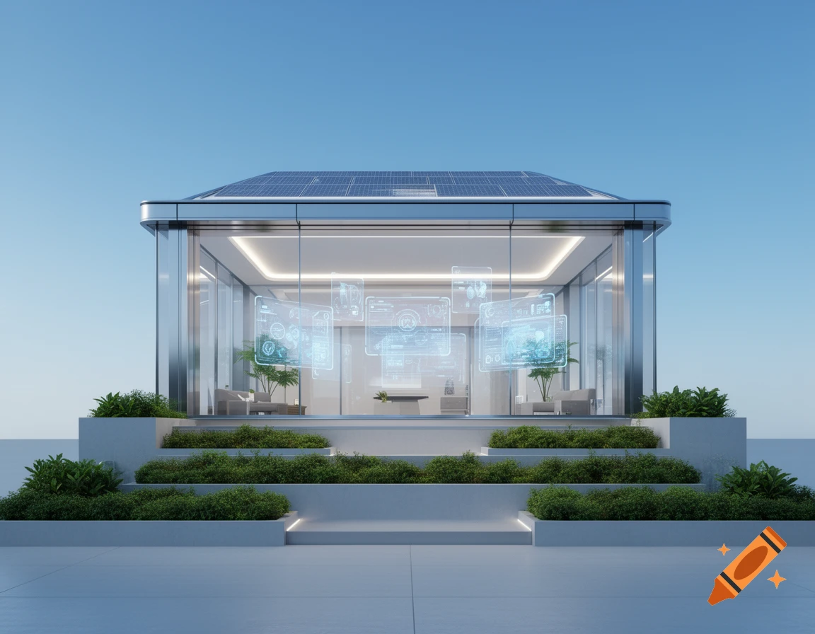 A modern, futuristic glass smart home with solar panels on the roof and holographic displays inside, surrounded by manicured greenery under a clear blue sky.