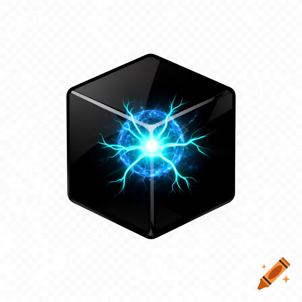 A glossy black cube with rounded edges, containing a glowing blue energy orb with electric tendrils, on a transparent background.