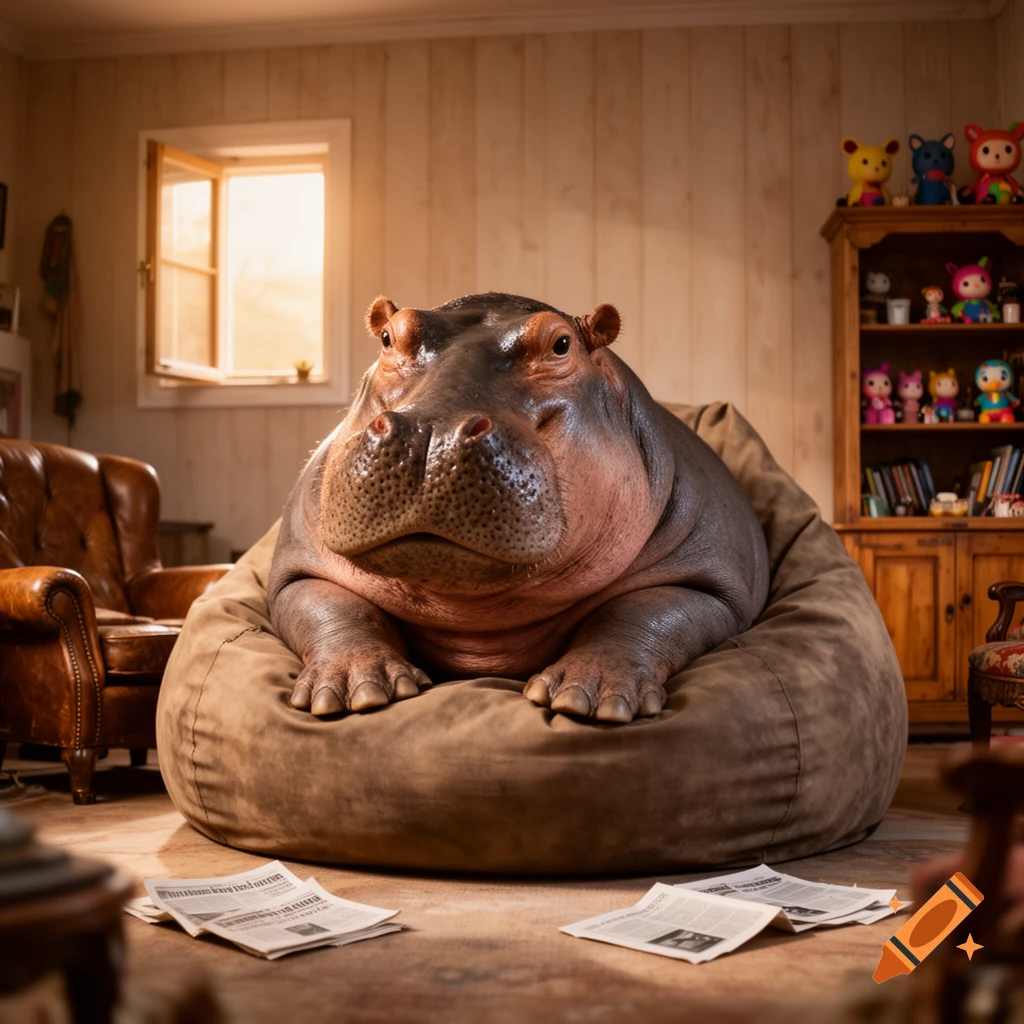 Photorealistic hippo sits on a brown beanbag in a cozy living room, looking forward. Newspapers on the floor.