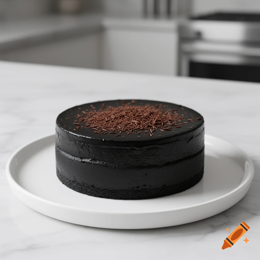 Photorealistic black cheesecake with chocolate shavings on a white plate in a kitchen.