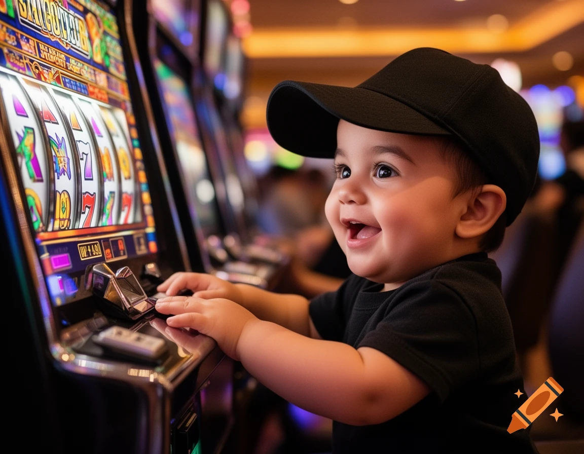A smiling baby boy in a black cap plays an illuminated slot machine in a casino.